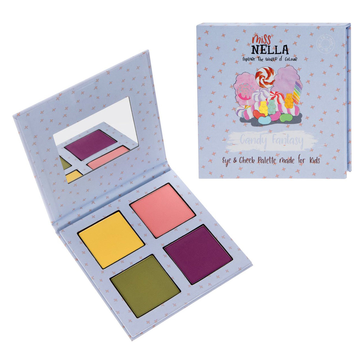 Experimenteer met de make-up pallette candy fantasy van Miss Nella. 4 verschillende kleuren zorgen voor een zachte gloed. Eenvoudig te verwijderen en vrij van chemicaliën. Ook verkrijgbaar in een andere kleur. VanZus