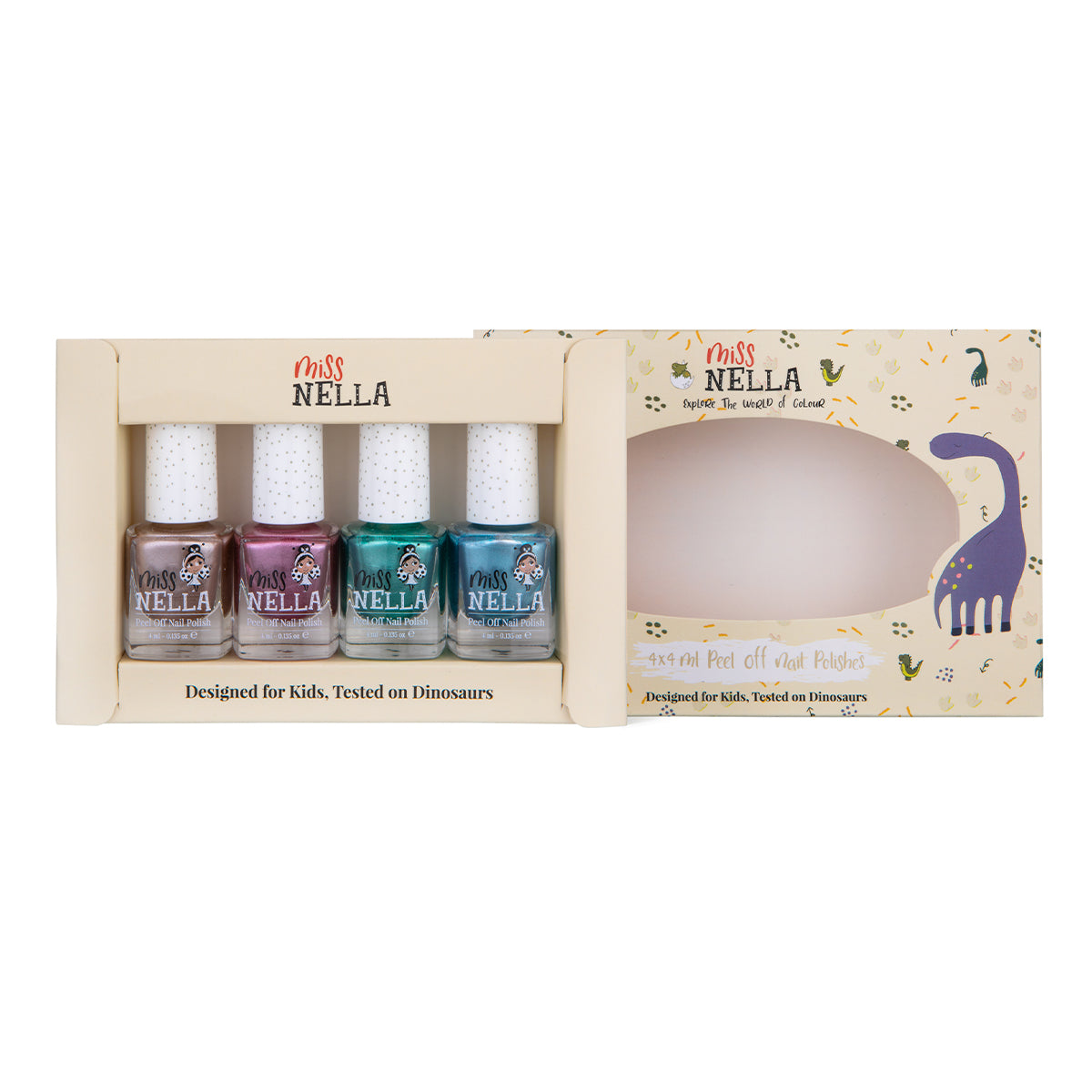 Laat de nageltjes van jouw kindje shinen met de nagellak dino 4-pack van het merk Miss Nella. De peel off nagellak is speciaal ontworpen voor kinderen en is vrij van chemicaliën. Kleuren: roze, blauw, groen en bruin. VanZus