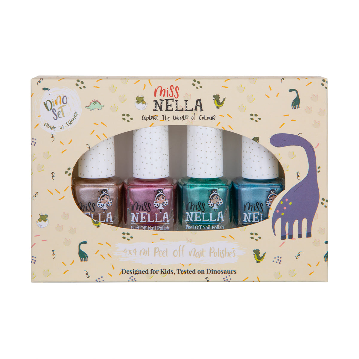 Laat de nageltjes van jouw kindje shinen met de nagellak dino 4-pack van het merk Miss Nella. De peel off nagellak is speciaal ontworpen voor kinderen en is vrij van chemicaliën. Kleuren: roze, blauw, groen en bruin. VanZus