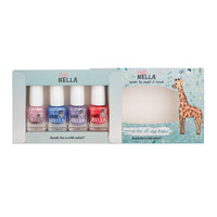 Laat de nageltjes van jouw kindje shinen met de nagellak safari 4-pack van het merk Miss Nella. De peel off nagellak is speciaal ontworpen voor kinderen en is vrij van chemicaliën. Kleuren: licht roze, blauw, paars en rood. VanZus