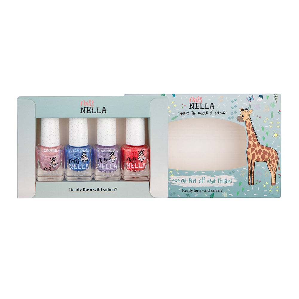 Laat de nageltjes van jouw kindje shinen met de nagellak safari 4-pack van het merk Miss Nella. De peel off nagellak is speciaal ontworpen voor kinderen en is vrij van chemicaliën. Kleuren: licht roze, blauw, paars en rood. VanZus