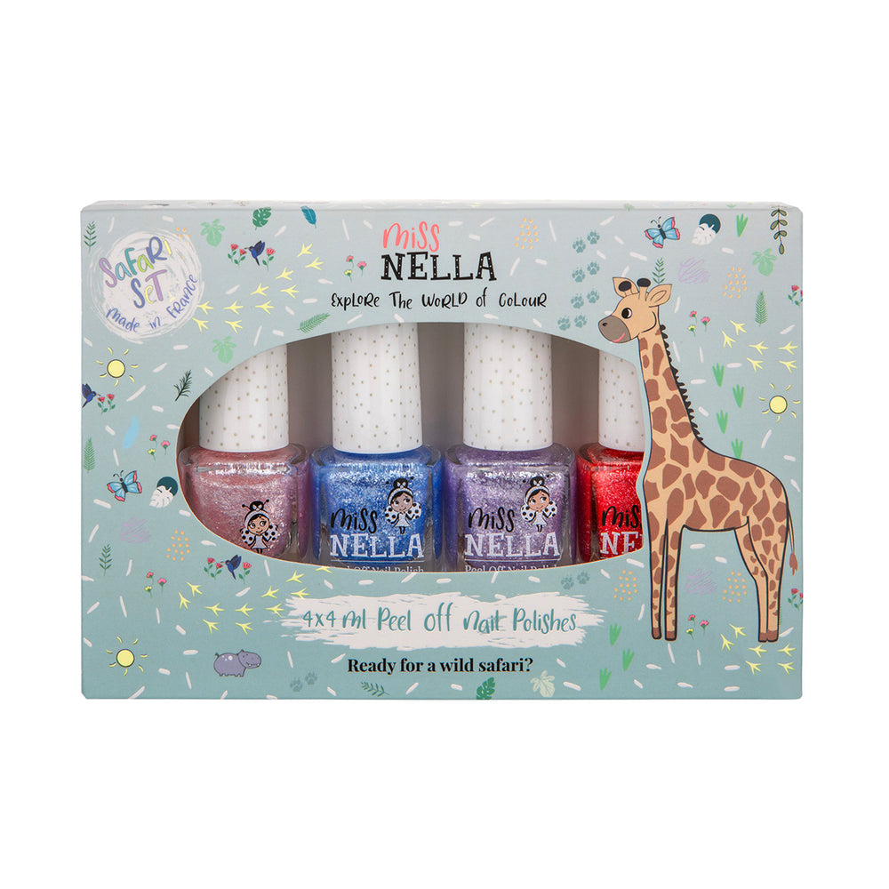 Laat de nageltjes van jouw kindje shinen met de nagellak safari 4-pack van het merk Miss Nella. De peel off nagellak is speciaal ontworpen voor kinderen en is vrij van chemicaliën. Kleuren: licht roze, blauw, paars en rood. VanZus