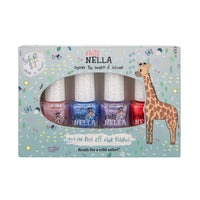 Laat de nageltjes van jouw kindje shinen met de nagellak safari 4-pack van het merk Miss Nella. De peel off nagellak is speciaal ontworpen voor kinderen en is vrij van chemicaliën. Kleuren: licht roze, blauw, paars en rood. VanZus