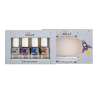Laat de nageltjes van jouw kindje shinen met de nagellak space 4-pack van Miss Nella. De peel off nagellak is speciaal ontworpen voor kinderen en is vrij van chemicaliën. Kleuren: zilver, paars, blauw en bruin. VanZus