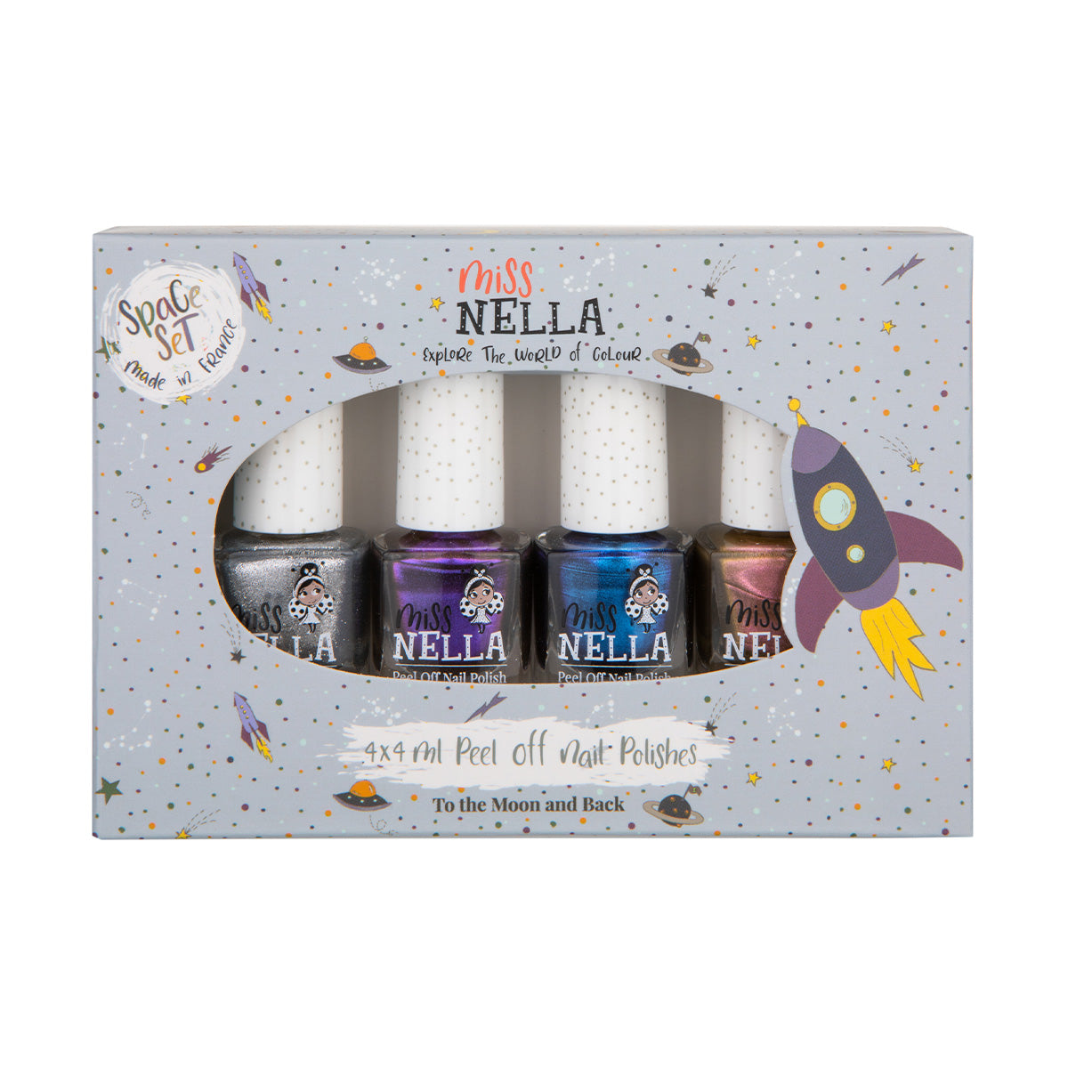 Laat de nageltjes van jouw kindje shinen met de nagellak space 4-pack van Miss Nella. De peel off nagellak is speciaal ontworpen voor kinderen en is vrij van chemicaliën. Kleuren: zilver, paars, blauw en bruin. VanZus