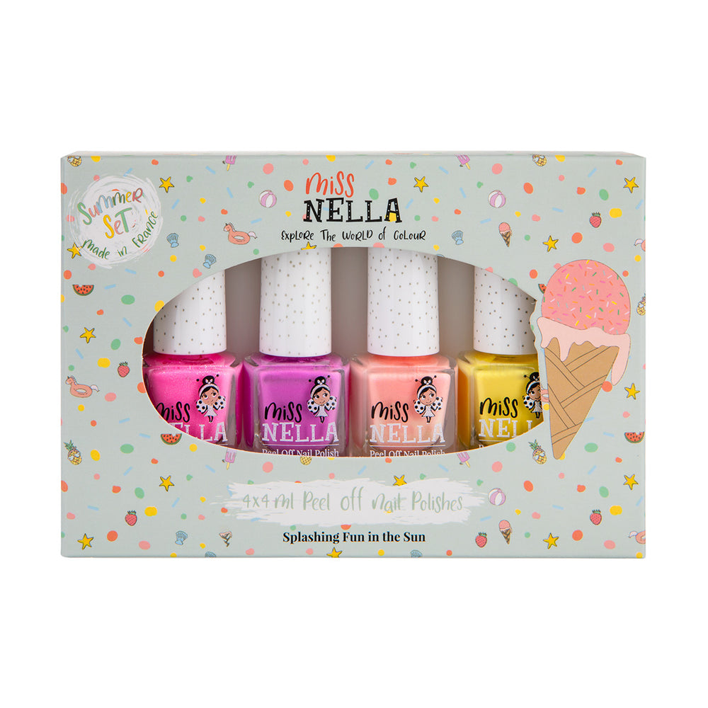 Laat de nageltjes van jouw kindje shinen met de nagellak summer 4-pack van het merk Miss Nella. De peel off nagellak is speciaal ontworpen voor kinderen en is vrij van chemicaliën. Kleuren: roze, paars, perzik en geel. VanZus
