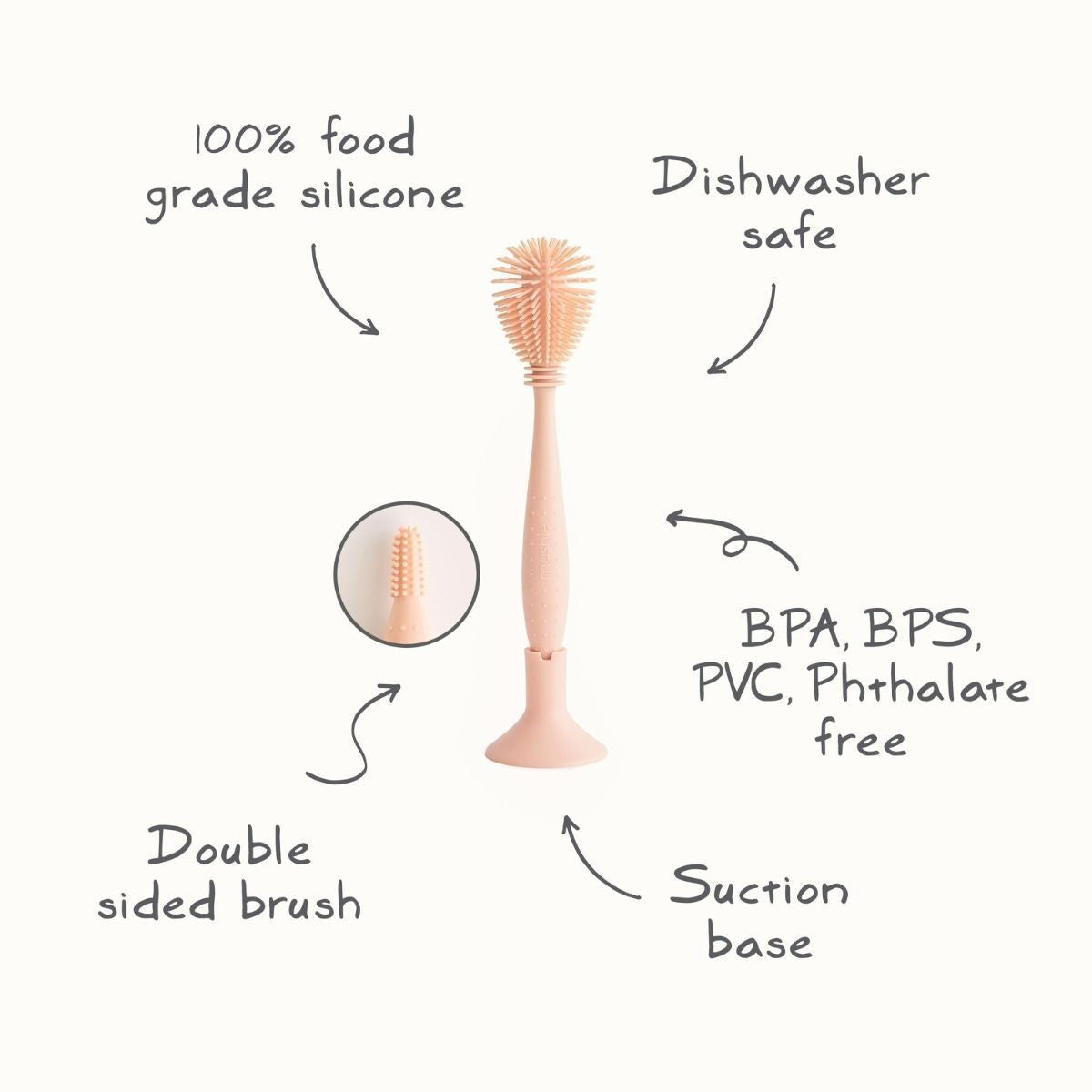 De Mushie flessen- en spenenborstel in blush maakt het schoonmaken van babyflessen eenvoudig en grondig. Met duurzame materialen, ergonomisch handvat en BPA-vrij. Stijlvol en functioneel. VanZus