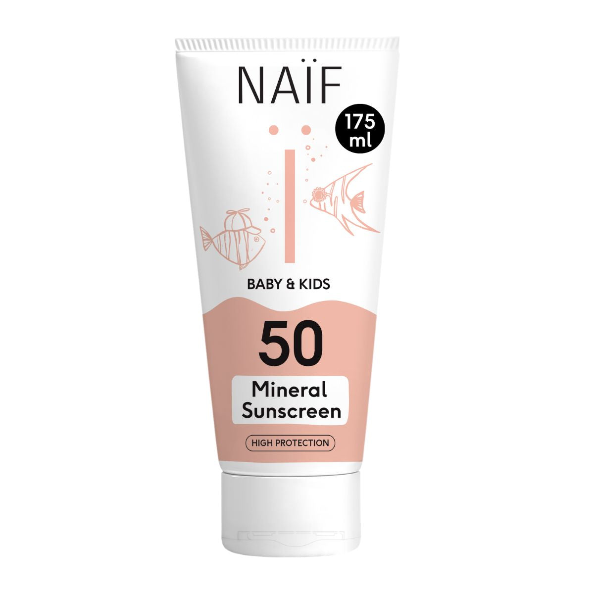 Bescherm de huid van je baby of kindje met de minerale zonnebrandcrème baby & kids van Naïf. Met een Sun Protection Factor 50, 175 ml, water resistant, hydrateert en smeert makkelijk uit. VanZus