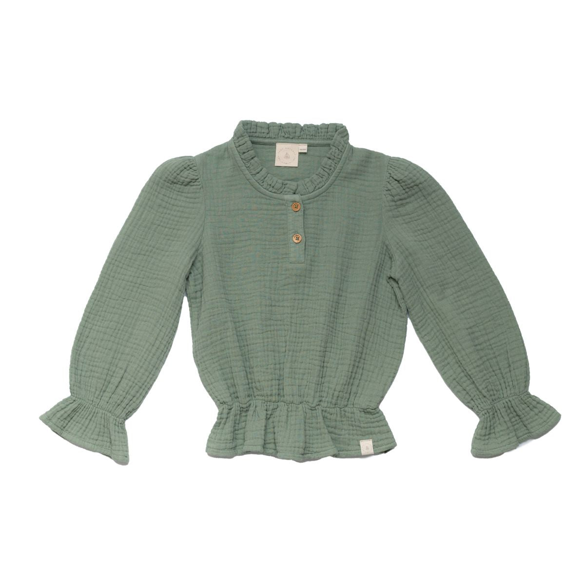 De romantische mousseline blouse julie in green van Navy Natural wordt vast één van je favoriete items in de kast van je kindje!  De groene kleur en zachte mousseline stof maken het een heerlijk item! De blouse heeft een fraaie afwerking bij de kraag en elastiek in de mouwen en waist voor een mooi pofeffect.  VanZus