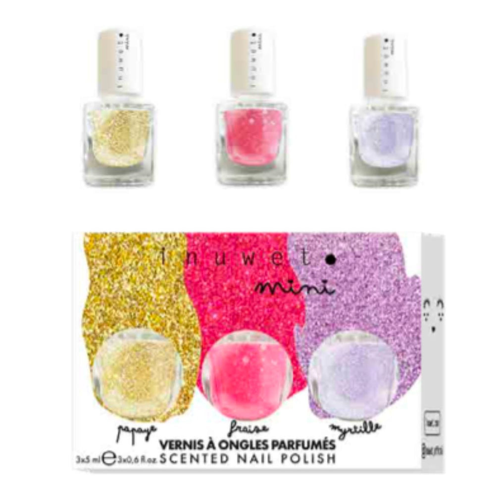 De Inuwet trio box kids nagellak rainbow bevat drie glitter nagellakjes op waterbasis in goud, roze en paars. Perfect als cadeau voor kinderen: veilig en dierproefvrij. Een feestelijke keuze! VanZus