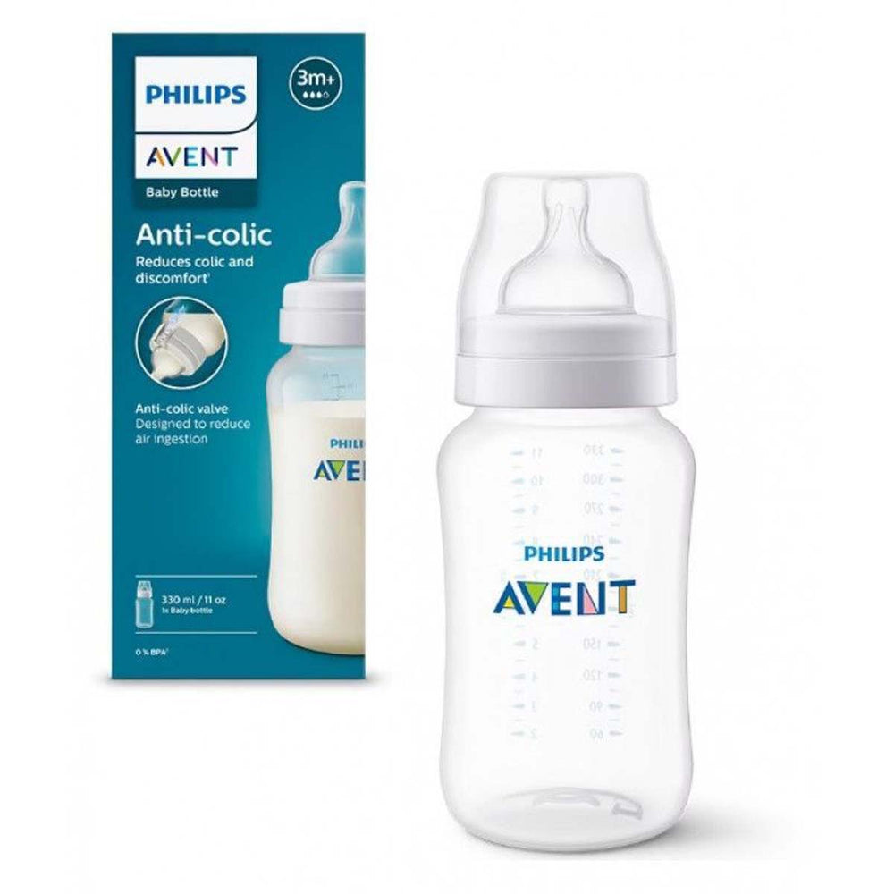 De Philips Avent babyfles anti-colic 330 ml met ingebouwd antikoliekventiel voorkomt dat er lucht in de maag van jouw baby terechtkomt. Inhoud: 330 ml. Vanaf 3 maanden. Speen voor 3+ maanden (uitvloei 3 druppels). VanZus.