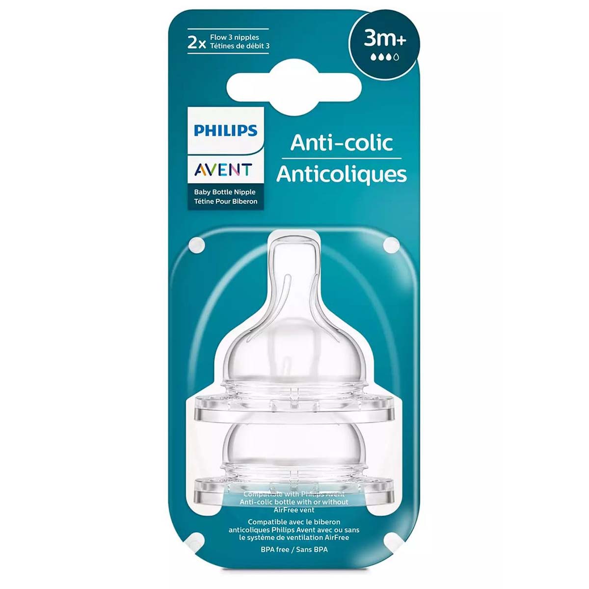 Dit is de Philips Avent flesspeen anti-colic 3+ een set met 2 reserve flesspenen voor de Phillps Avent anti-colic flessen (met en zonder anti-koliekventiel). Vanaf 3+ maand. 2x speen met uitvloei 3 druppels . VanZus.