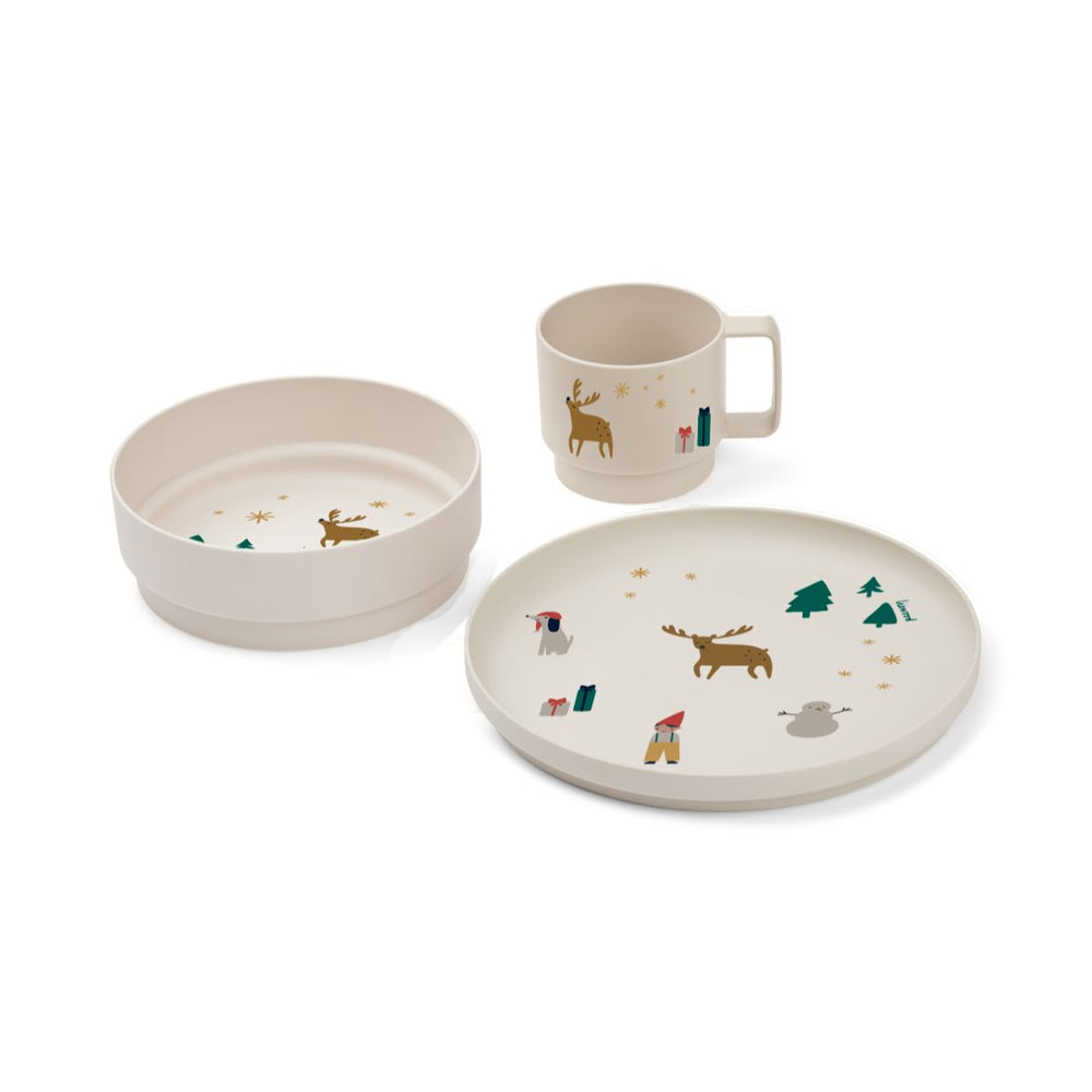 De Liewood archi serviesset met de holiday/sandy print is het perfecte servies voor alle Kerst fans. Deze leuke set met kinderservies bestaat uit een beker, kom en een bord met prints in Kerst thema. VanZus.