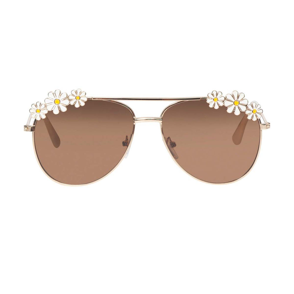 Rockahula’s zonnebril daisy chain aviator is lief, hip en functioneel tegelijk! Goudkleurig met versiering van madeliefjes. Een mooie zomerse accessoire. 100% UV-bescherming. VanZus