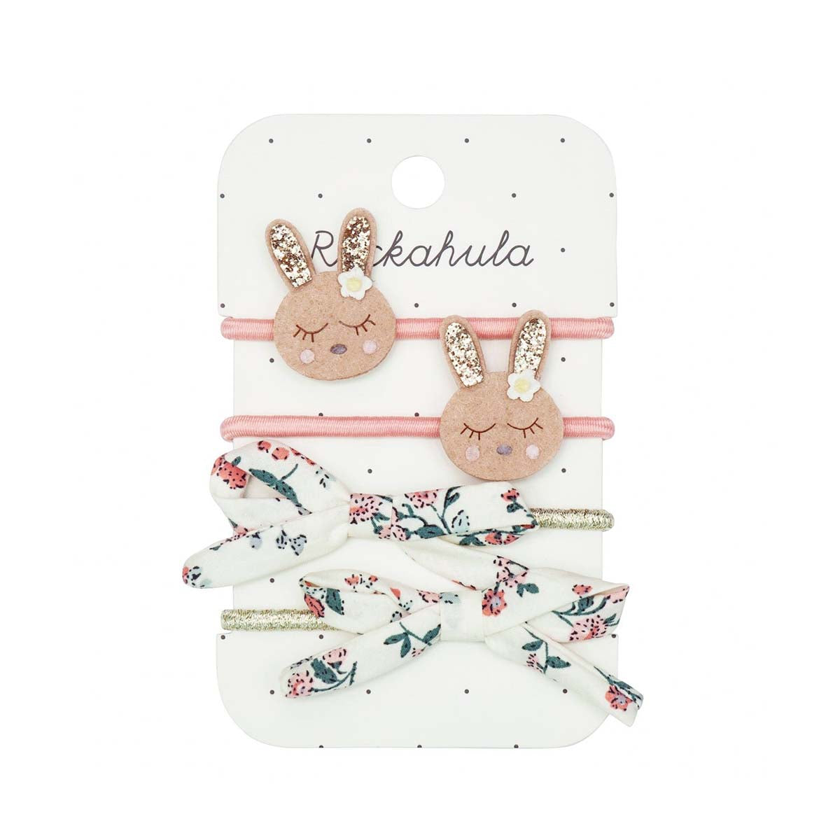 Kijk eens wat een lieve elastiekjes van Rockahula uit de collectie flora bunny! Functioneel en hip, in lieve zachte kleuren. Versier elke staart, vlecht of knot met deze mooie set van 4 elastieken. VanZus