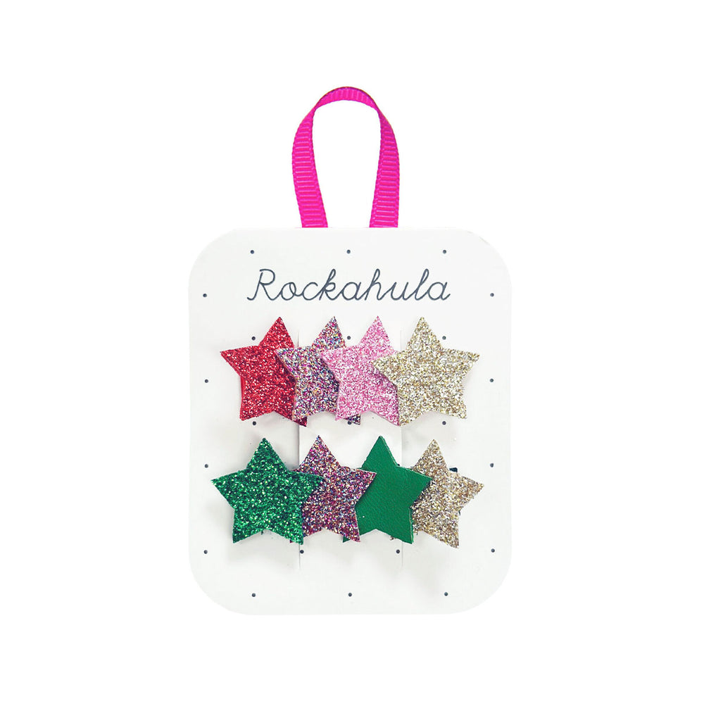 Op zoek naar feestelijke haaraccessoires? Dat zijn de Rockahula jolly glitter star speldjes! Deze set van 2 is leuk voor Kerst. VanZus