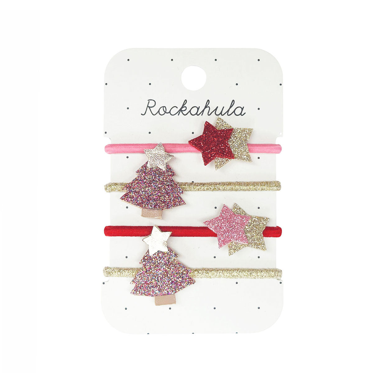 Op zoek naar feestelijke, leuke haaraccessoires? Dat zijn de Rockahula jolly glitter xmas tree elastiekjes! Deze set van 4 is leuk voor bijv Halloween. VanZus.