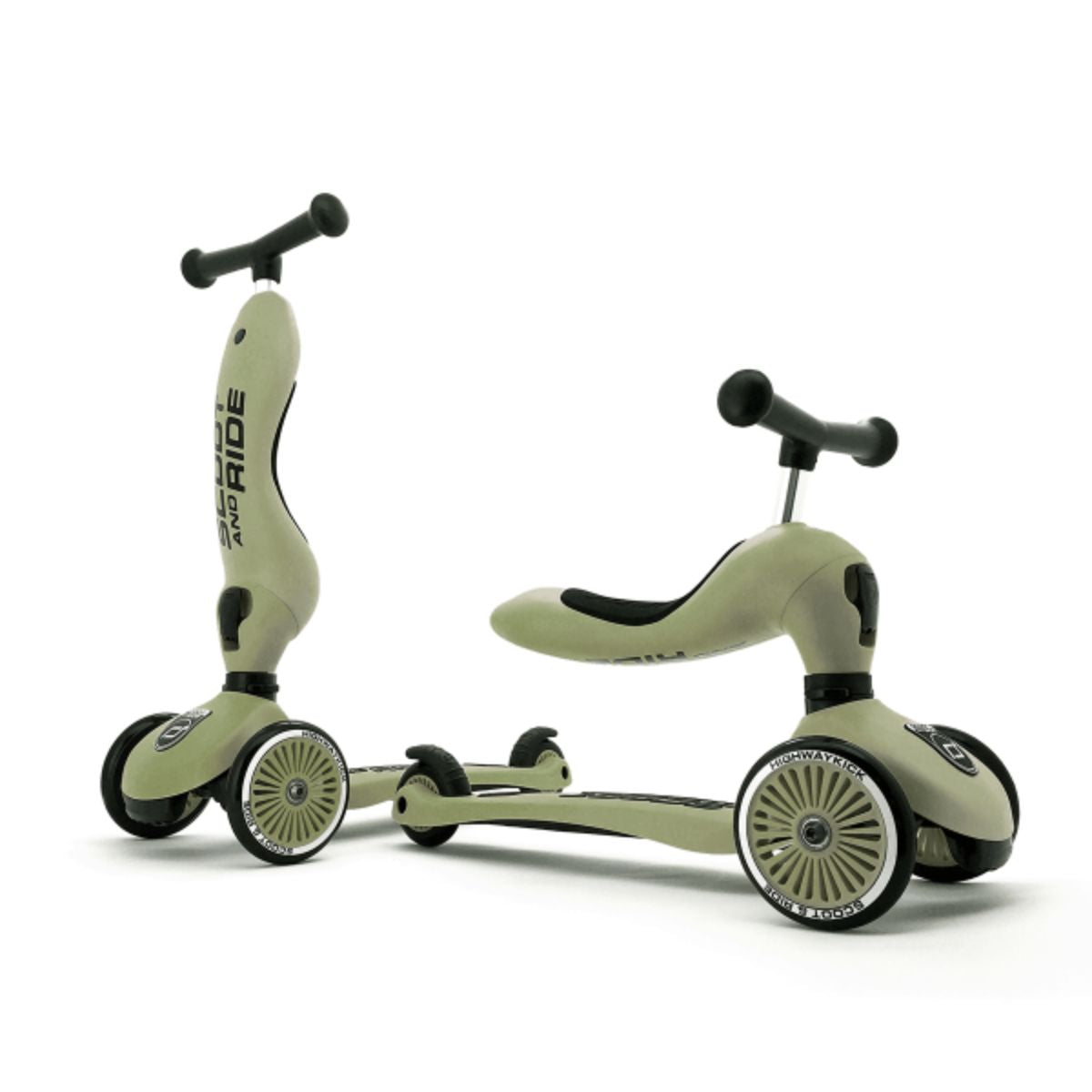 Highwaykick 1 van Scoot and Ride: de ultieme 2-in-1 step voor kleine avonturiers van 1 tot 5 jaar. Minimalistisch design, stoere kleur olive. Driewieler en step in één. Eenvoudig om te bouwen zonder gereedschap. VanZus