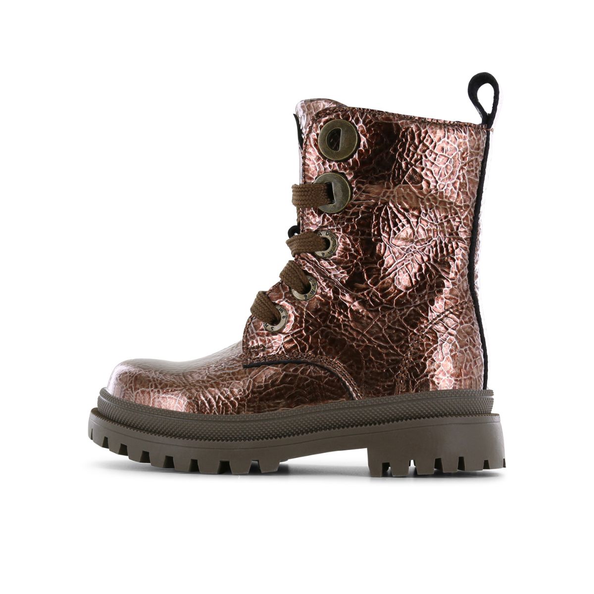 Shoesme's new tank veterboots in de kleur copper metallic zijn hip, comfortabel en duurzaam. Slijtvast, perfect voor intensief gebruik, luxe uitstraling, met ritssluiting voor makkelijk aan- en uittrekken. VanZus