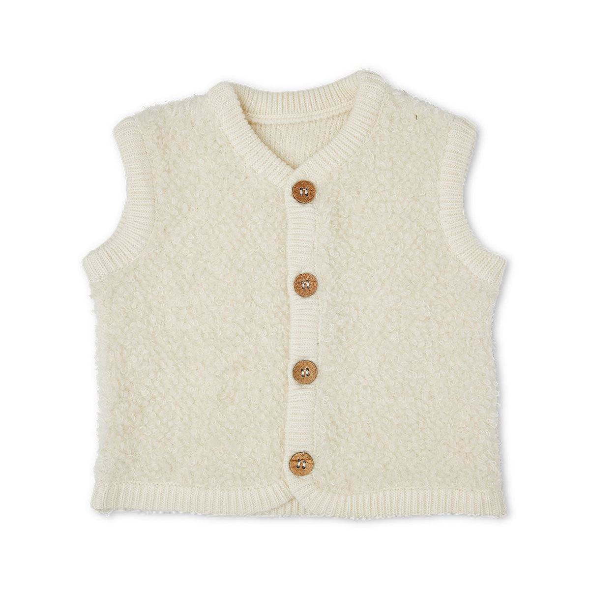 Houd je kleintje lekker warm met dit merinowol bouclé bodywarmer in de kleur off white van het leuke merk Smallstuff. Dit schattige vestje heeft een mooie witte kleur en schattige knoopjes aan de voorkant. VanZus