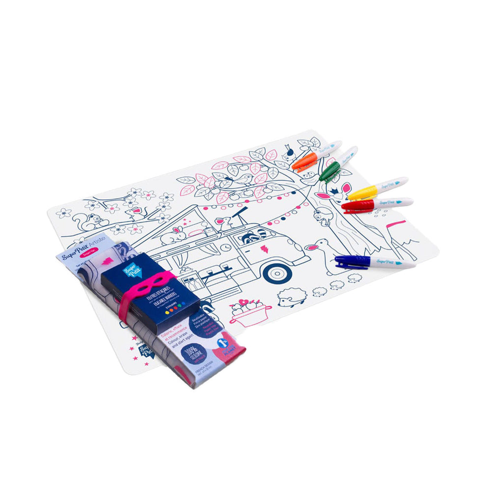 Voor creatieve kinderen: de dream van kit met siliconen mat + 5 markers van Super Petit. Ideaal voor thuis en onderweg. Uitwisbaar, droogt snel en is niet giftig. Geschikt vanaf 3 jaar. VanZus