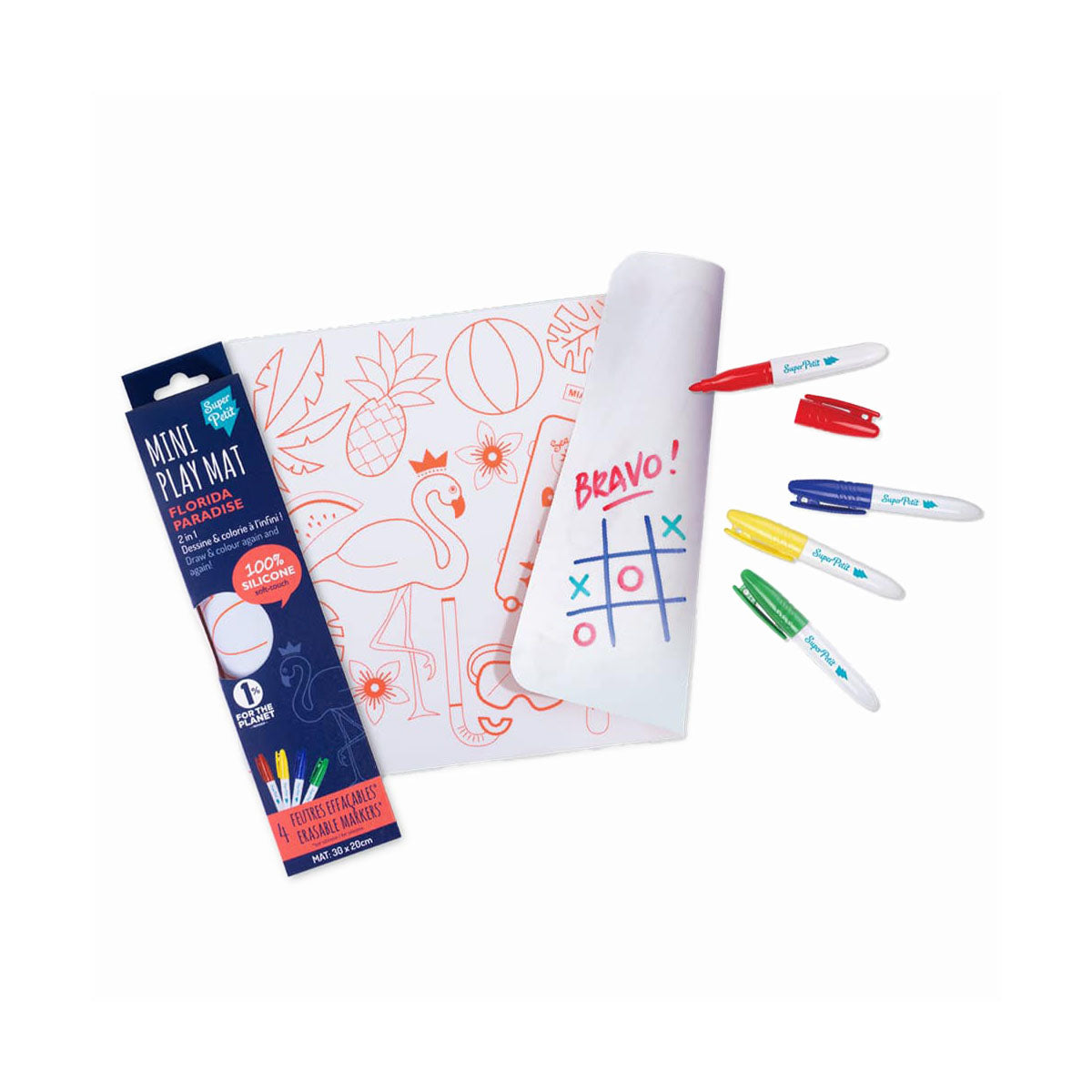 Voor creatieve kinderen: de florida mini kit met siliconen mat + 4 markers van Super Petit. Ideaal voor thuis en onderweg. Uitwisbaar, droogt snel en is niet giftig. Geschikt vanaf 3 jaar. VanZus