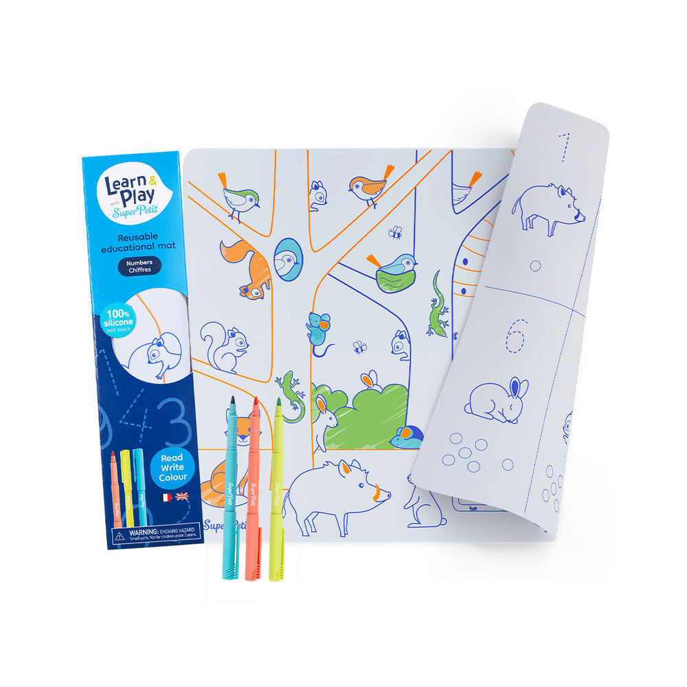 Voor creatieve kinderen: de numbers kit met siliconen mat + 3 markers van Super Petit. Ideaal voor thuis en onderweg. Uitwisbaar, droogt snel en is niet giftig. Geschikt vanaf 3 jaar. VanZus