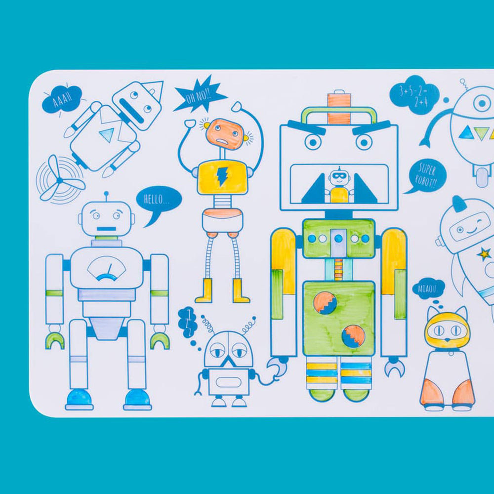 Voor creatieve kinderen: de robot club mini kit met siliconen mat + 4 markers van Super Petit. Ideaal voor thuis en onderweg. Uitwisbaar, droogt snel en is niet giftig. Geschikt vanaf 3 jaar. VanZus