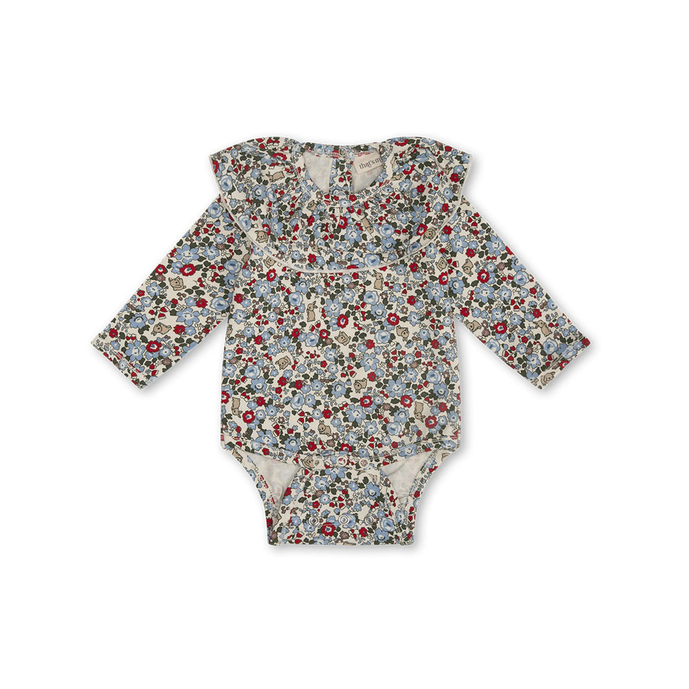 Breng vrolijkheid in de garderobe van je baby met het schattige rompertje Ella in flora bunnies rouge. Lange mouwen, bloemen en konijntjes print, vrolijke kleuren met mooie kraag! In diverse maten. VanZus