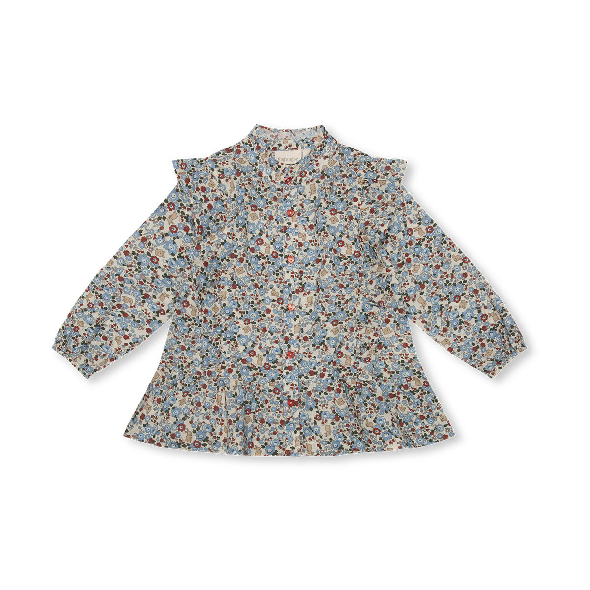 Breng vrolijkheid in de garderobe van je kindje met het mooise shirt Nellie in flora bunnies rouge. Lange mouwen, bloemen en konijntjes print, met mooie kraag en ruches! In diverse maten. VanZus