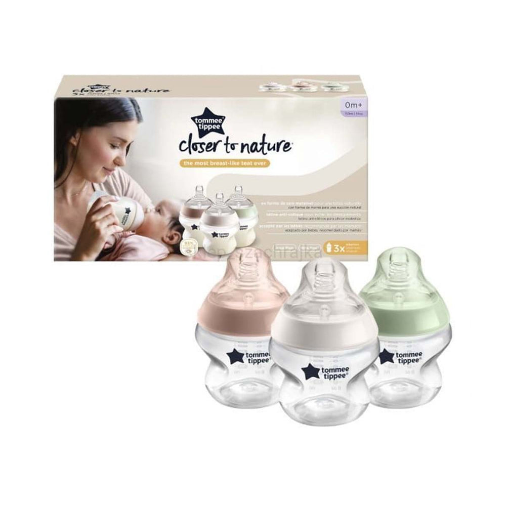 De Tommee Tippee babyfles 3 colors 150 ml 3 stuksuit de closer to nature lijn, zijn flessen voor baby's vanaf de geboorte. De flesspeen bootst de borst na en de easi-vent laat lucht ontsnappen. Inhoud: 3x 150 ml. VanZus.