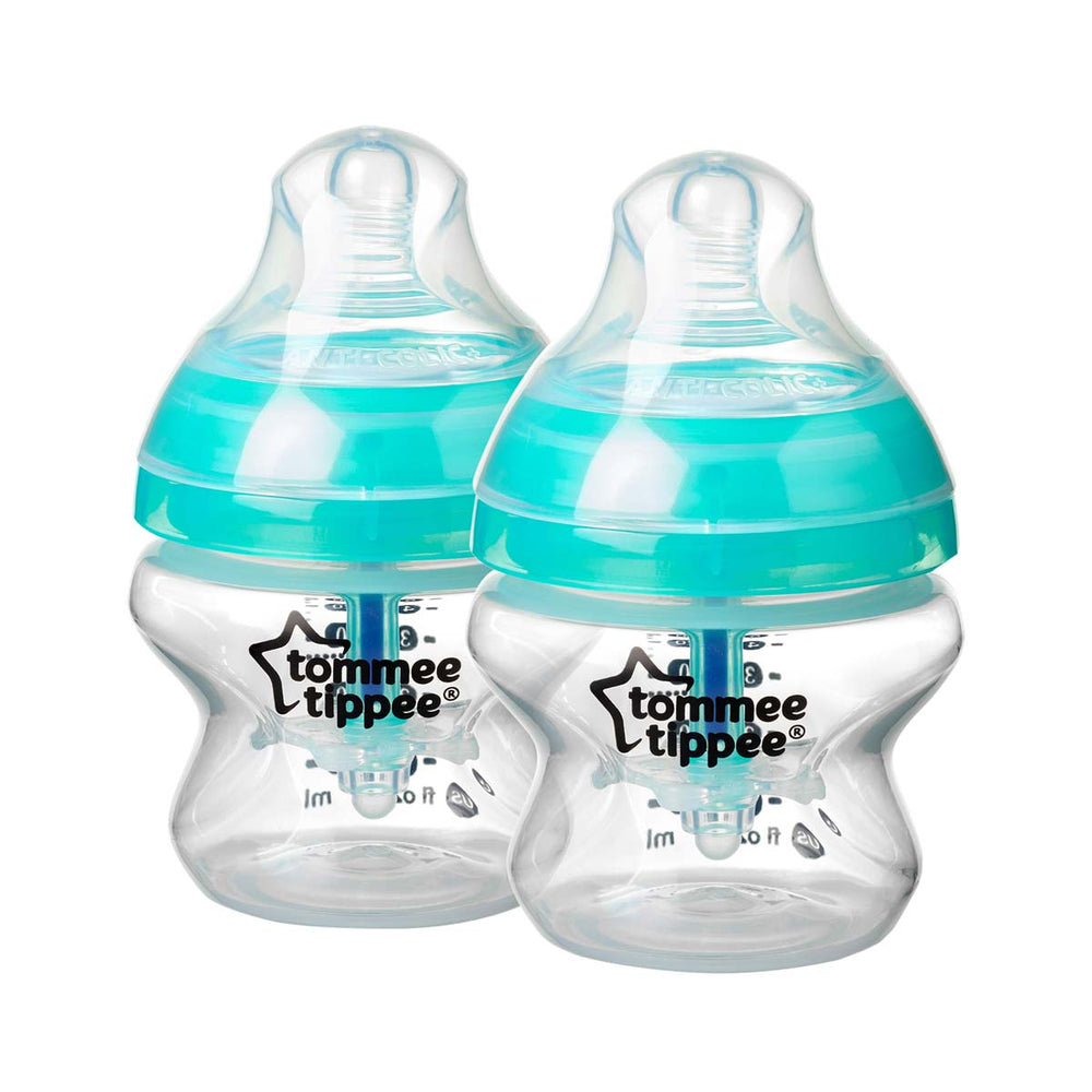 De Tommee Tippee babyfles blue advanced 150 ml 2 stuks uit de closer to nature lijn, zijn flessen voor baby's vanaf de geboorte. De flesspeen bootst de borst na. Met anti-koliek ventiel. Inhoud: 2x 150 ml. Blauw. VanZus.