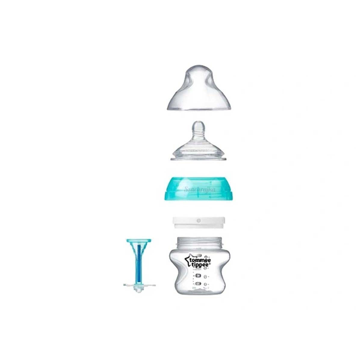 De Tommee Tippee babyfles blue advanced 150 ml uit de closer to nature lijn, is een fles voor baby's vanaf de geboorte. De fled heeft een anti-koliek ventiel en de flesspeen bootst de borst na. Inhoud: 150 ml. Blauw. VanZus.