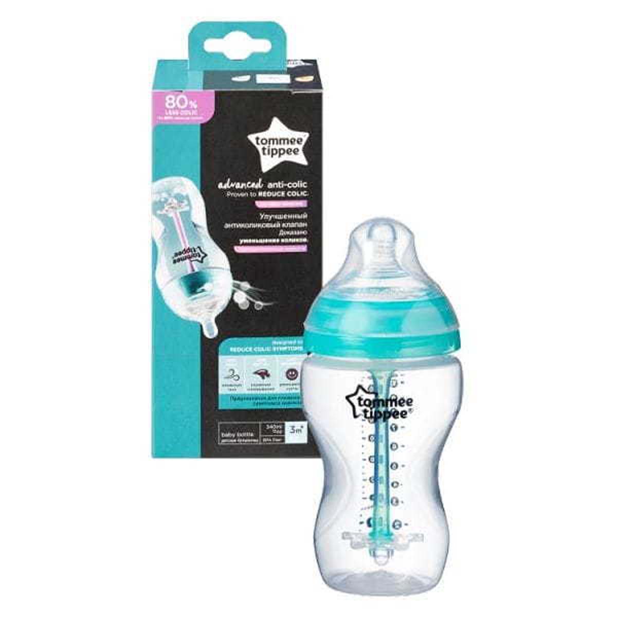 De Tommee Tippee babyfles blue advanced 340 ml uit de closer to nature lijn is een fles voor baby's vanaf 3 maanden. De fles heeft een anti-koliek ventiel en de flesspeen bootst de borst na. Inhoud: 340 ml. Blauw. VanZus.