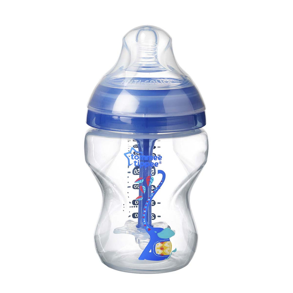 De Tommee Tippee babyfles elephant blue advanced 260 ml uit de closer to nature lijn is een fles voor baby's vanaf 0+m. Met anti-koliek ventiel en een natuurlijke flesspeen. Inhoud: 1x 260 ml. Kleur: blauw. VanZus.