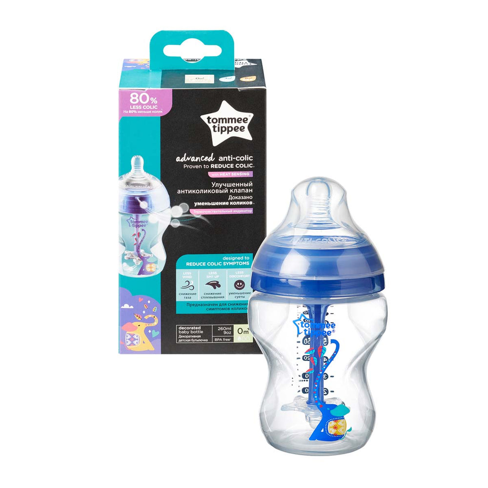 De Tommee Tippee babyfles elephant blue advanced 260 ml uit de closer to nature lijn is een fles voor baby's vanaf 0+m. Met anti-koliek ventiel en een natuurlijke flesspeen. Inhoud: 1x 260 ml. Kleur: blauw. VanZus.