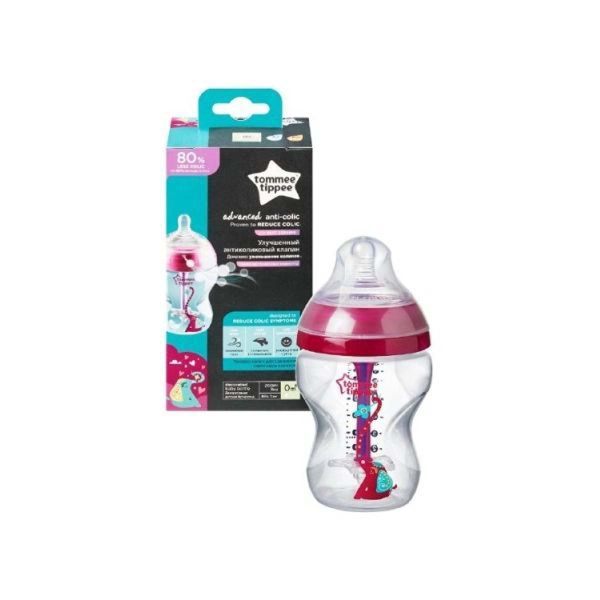 De Tommee Tippee babyfles elephant pink advanced 260 ml uit de closer to nature lijn, is een fles voor baby's vanaf  0+ m. Met anti-koliek ventiel en de flesspeen, die de borst nabootst. Inhoud: 1x 260 ml. Kleur: roze. VanZus.