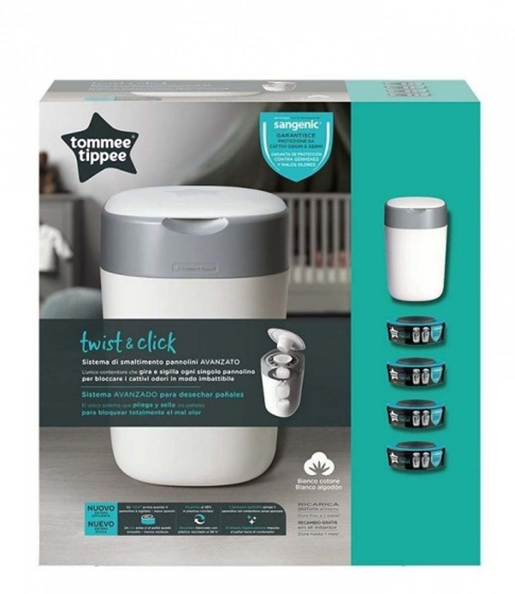 De Tommee Tippee luieremmer startersset met 4 vullingen maakt gebruik van het eenvoudige click-en-twist-systeem. Zo verpak je iedere luier afzonderlijk en gooi je hem geurloos en hygiënisch weg. VanZus.