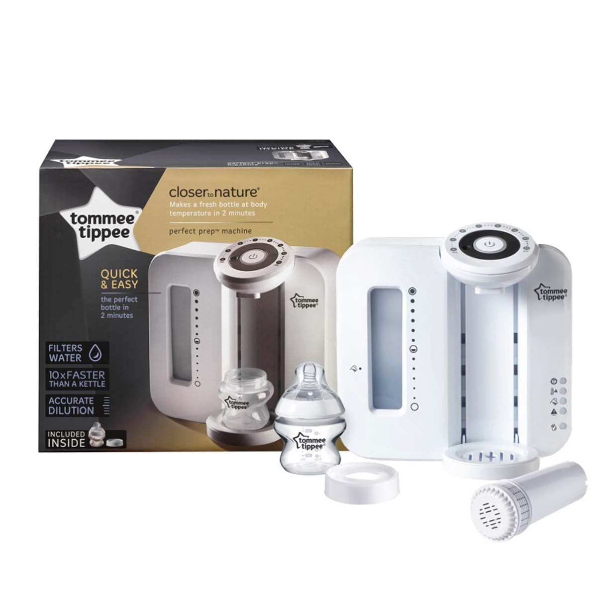 Gemakkelijk en snel een flesvoeding maken? Gebruik de Tommee Tippee perfect prep babymelk machine wit voor een flesje melk op de juiste temperatuur binnen 2min. Geschikt voor de meeste babyflessen/babymelkpoeders. VanZus.