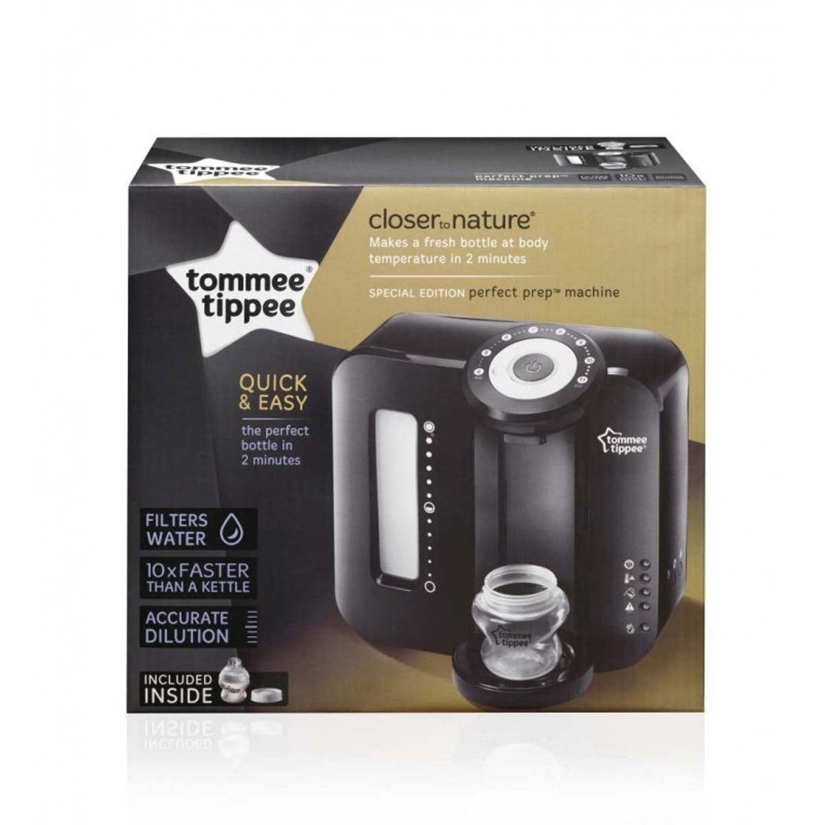 Gemakkelijk en snel een flesvoeding maken? Gebruik de Tommee Tippee perfect prep babymelk machine zwart voor een flesje melk op de juiste temperatuur binnen 2min. Geschikt voor de meeste babyflessen/babymelkpoeders. VanZus.