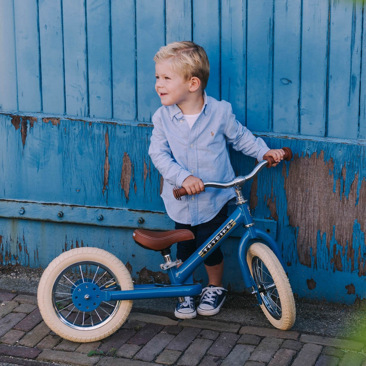 Trybike steel balance bike vintage blue