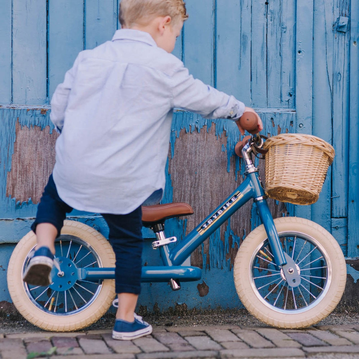 Trybike steel balance bike vintage blue