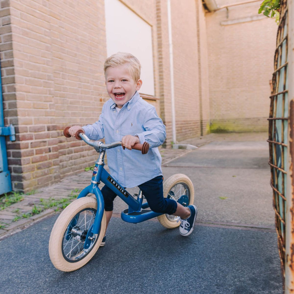 Op avontuur met de steel loopfiets in de kleur  vintage blue van Trybike. De metalen tweewieler is geschikt vanaf 2 jaar en leert kinderen lopen en fietsen. Groeit mee met je kind. In diverse kleuren. VanZus