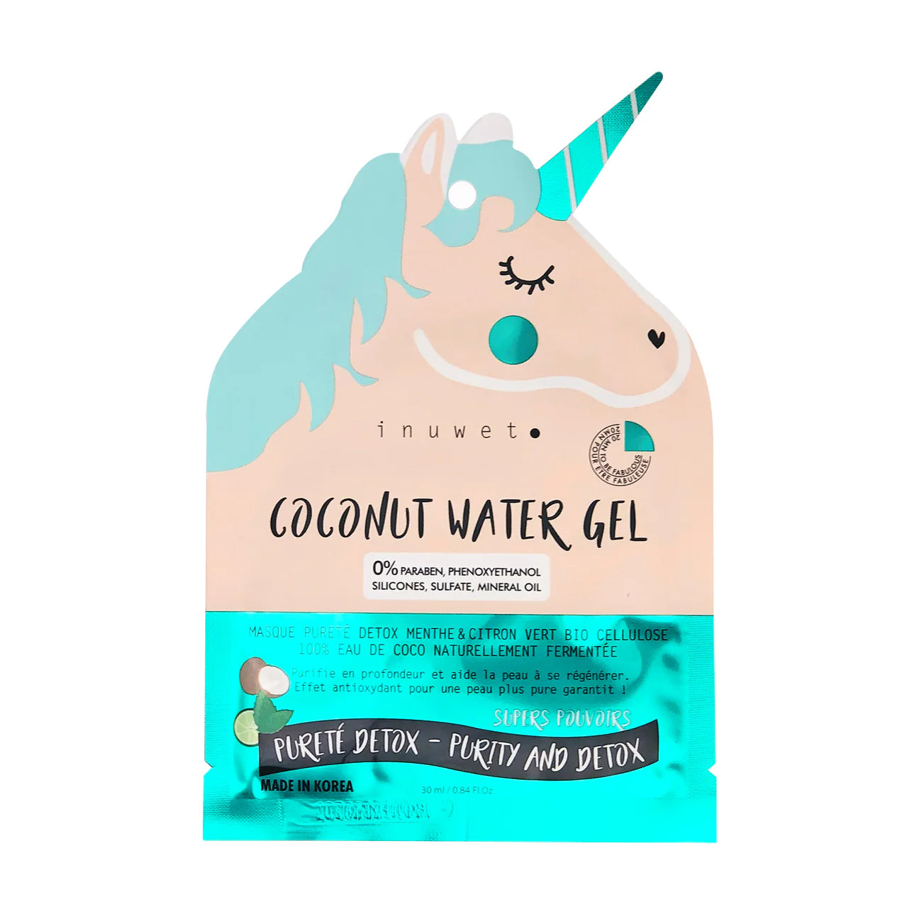 Ervaar luxe huidverzorging met het unicorn purity detox gezichtsmasker van Inuwet. Dit bio cellulose masker reinigt, detoxet en hydrateert je huid met groene thee en aloë vera. Vegan en dierproefvrij. VanZus
