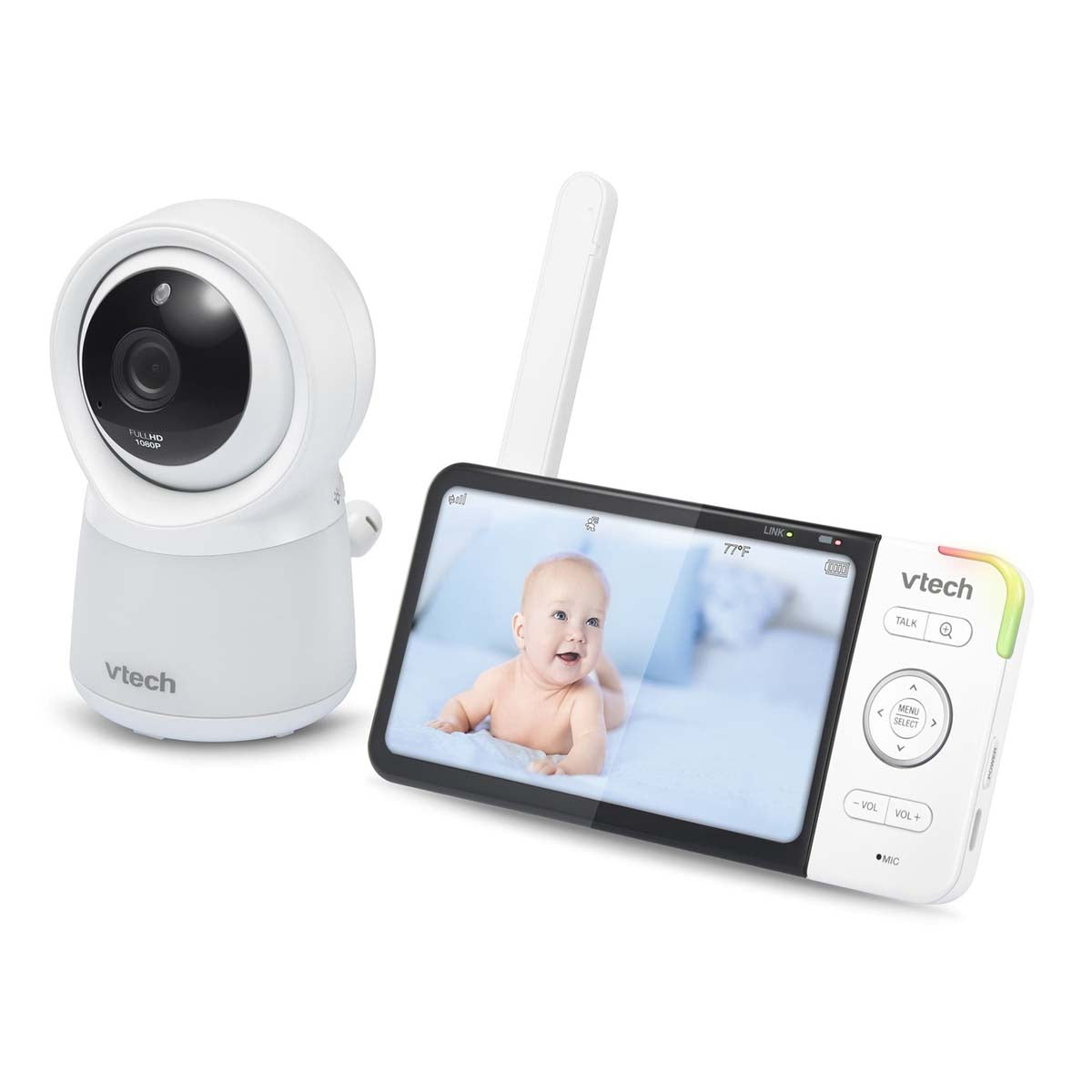 Dit is de Vtech babyfoon HD video Wi-Fi RM 5754, een video-babyfoon met HD-scherm en Wifi, die je kunt bedienen met de MyVtech Baby Pro-applicatie op je smartphone of tablet. Zo kan je je kindje overal horen en zien. VanZus.