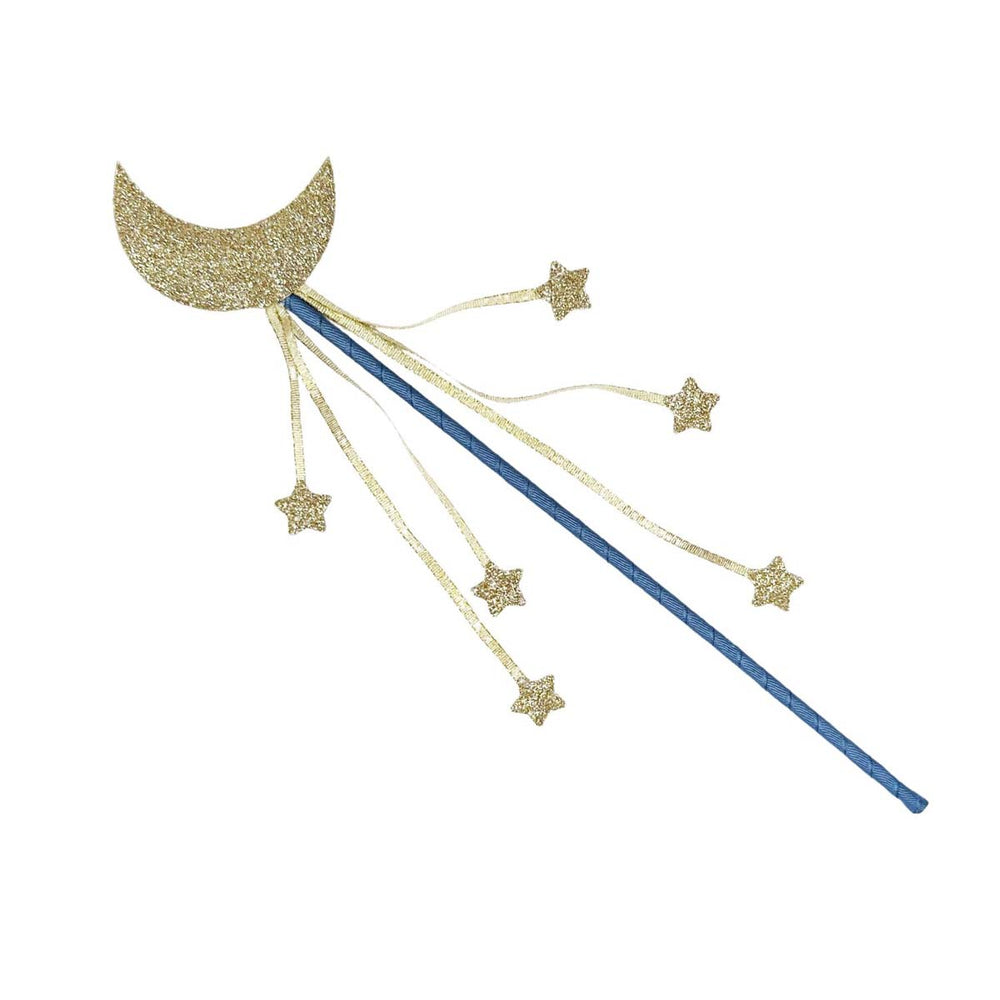 Toveren met de toverstaf moon and stars glitter van Rockahula. Tover jezelf om tot een prinses of toverfee en beleef veel speelplezier. De toverstaf heeft blauw grosgrain lint en gouden glitter versieringen. VanZus