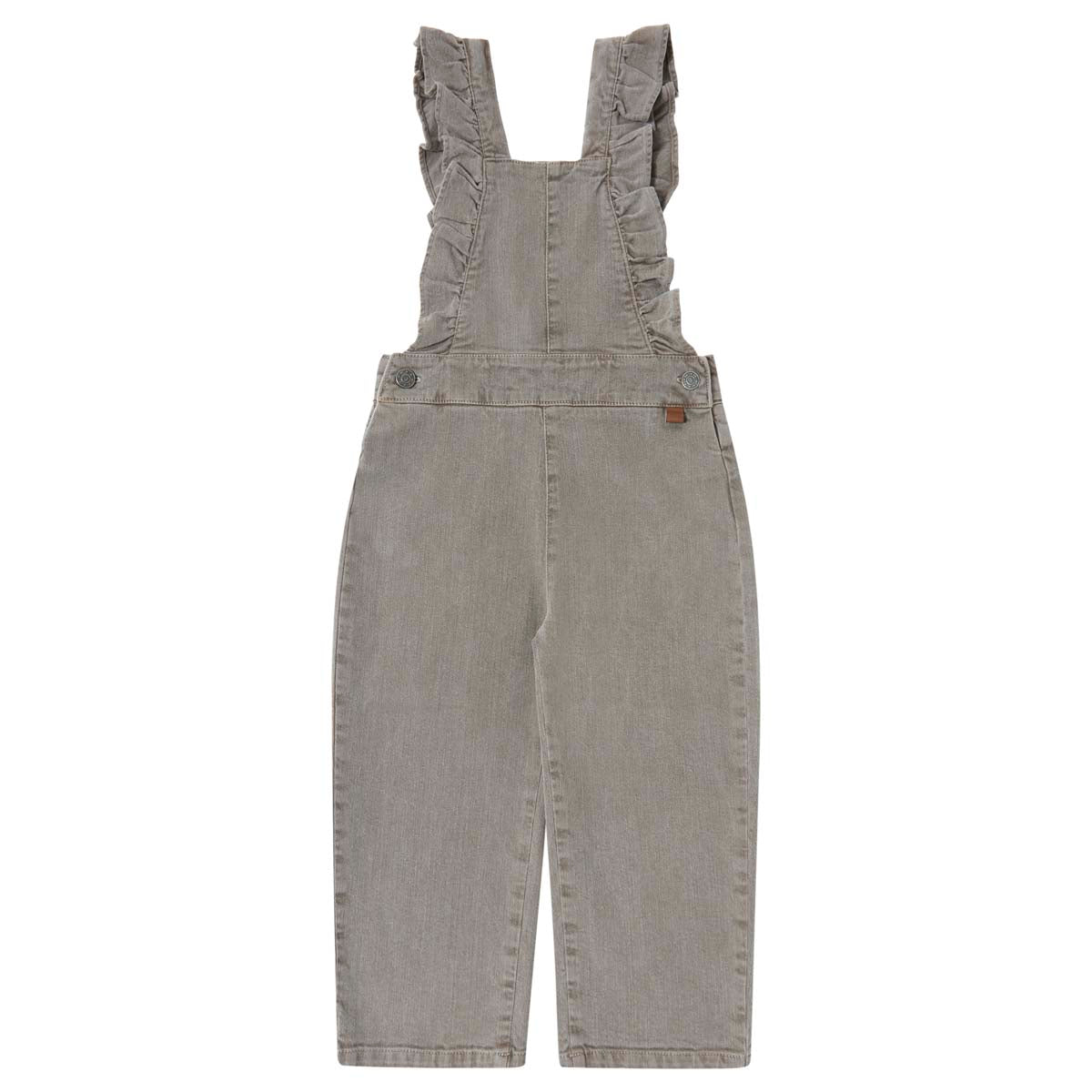 De denim tuinbroek in de kleur marron van Tocoto Vintage is een eyecatcher! Grijze spijkerstof, lange  pijpen en schouderbanden met ruches. Perfect voor elk seizoen en gelegenheid. VanZus