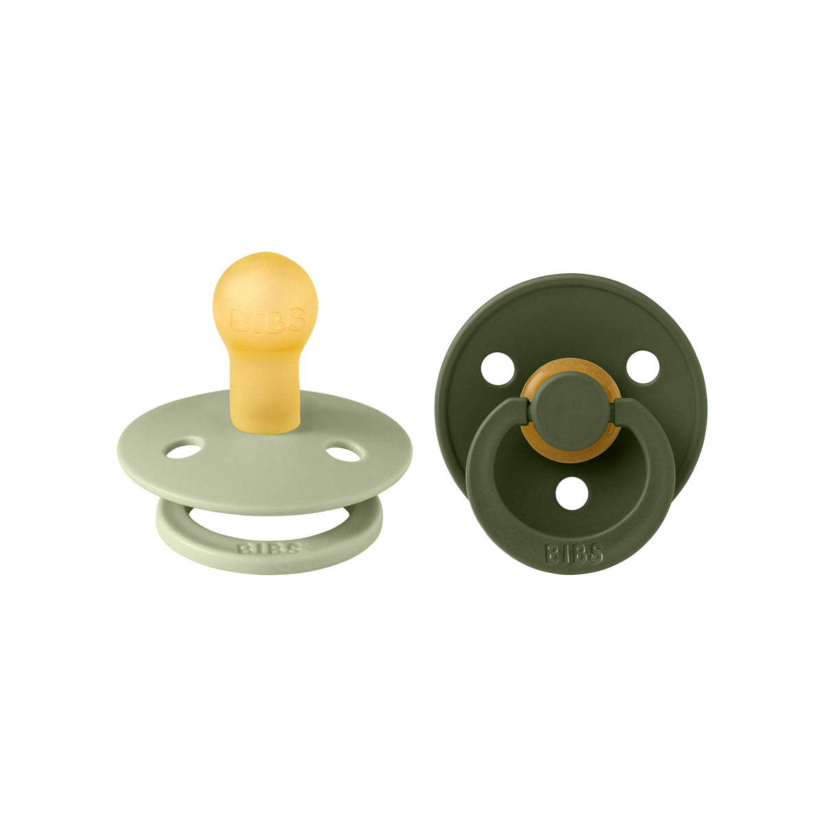 De originele BIBS fopspeen colour in 2-pack in de kleuren sage/hunter green. 100% latex en voedselveilig materiaal, ronde speen, vrij van BPA en flalaten. In diverse kleuren. VanZus