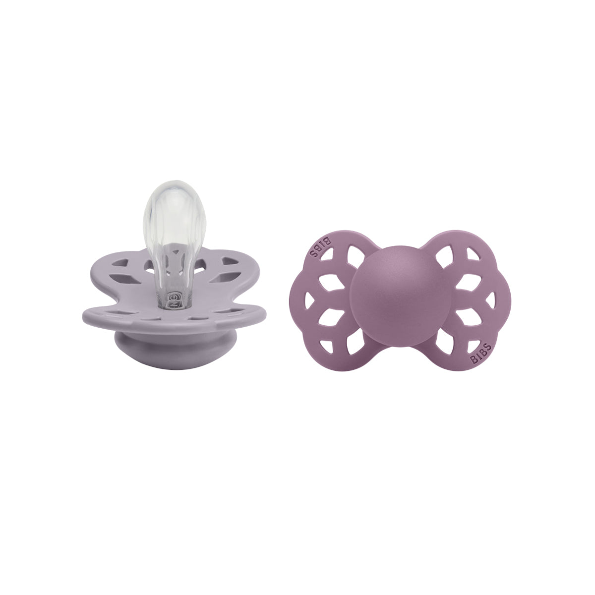 De BIBS infinity 2-pack fopspenen in de kleur fossil grey/mauve hebben platte symmetrische spenen, gemaakt van 100% voedselveilige siliconen, 100% BPA en ftalaten vrij. Elegant design in diverse kleuren. VanZus