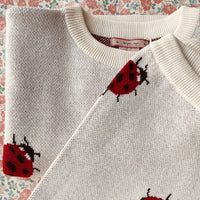 Wat zal je kindje er schattig uitzien in de gebreide trui lapis in de variant ladybug van Konges Slojd!  Het gebreide shirt heeft een mooie witte kleur en ingebreide lieveheersbeestjes. De pasvorm is ruim en los vallend, mede door de wat afhangende schouders. VanZus